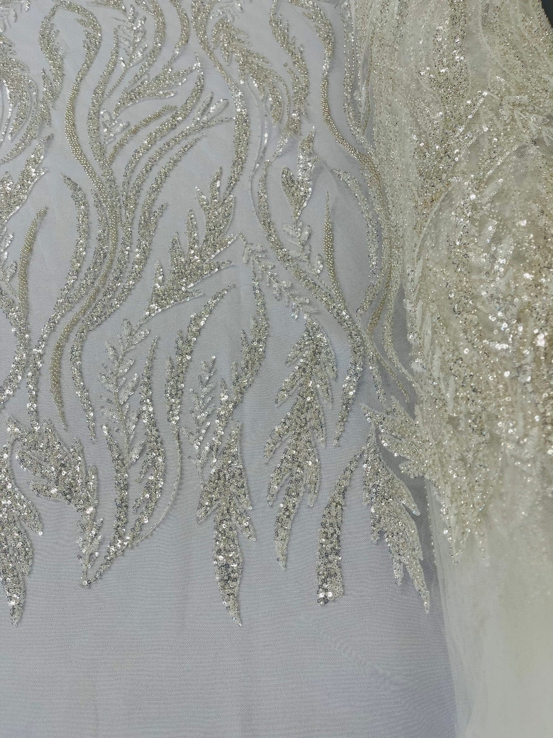 WHEAT BRANCHES  -  Designs Embroider with Sequins and Heavy Beaded on a Mesh Lace Fabric - Sold By The Yard - OFFWHITE