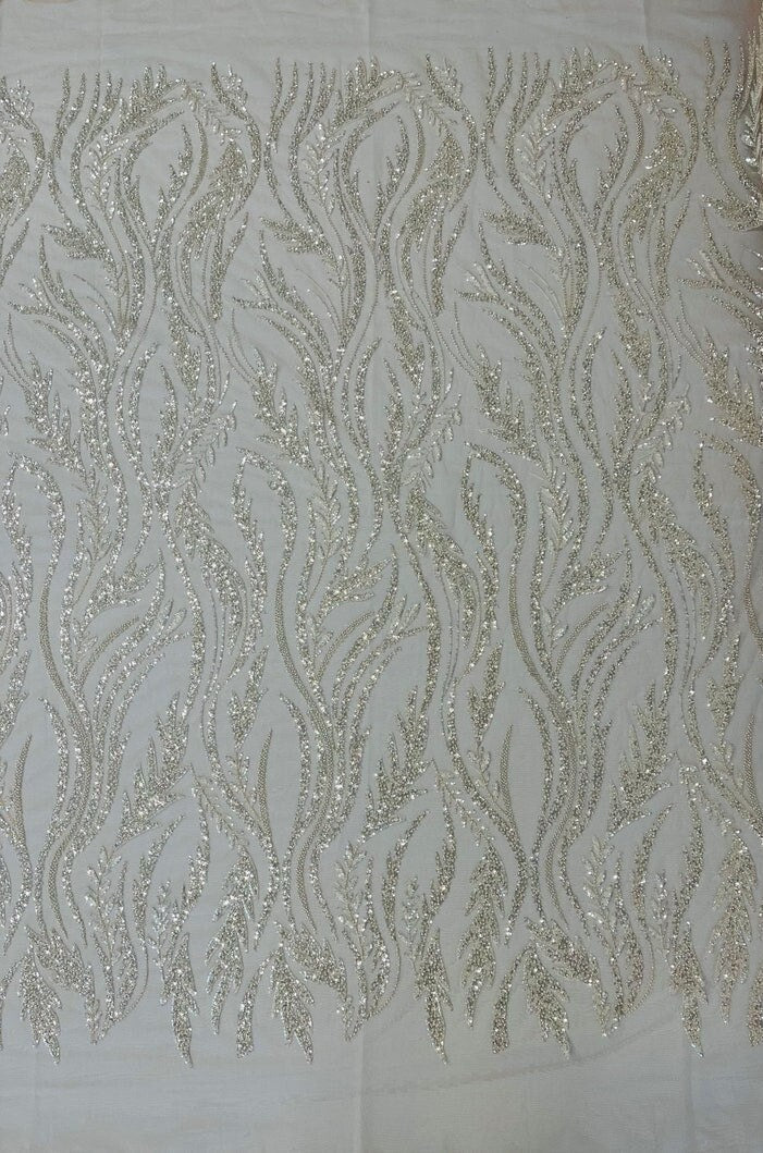 WHEAT BRANCHES  -  Designs Embroider with Sequins and Heavy Beaded on a Mesh Lace Fabric - Sold By The Yard - NUDECLEAR