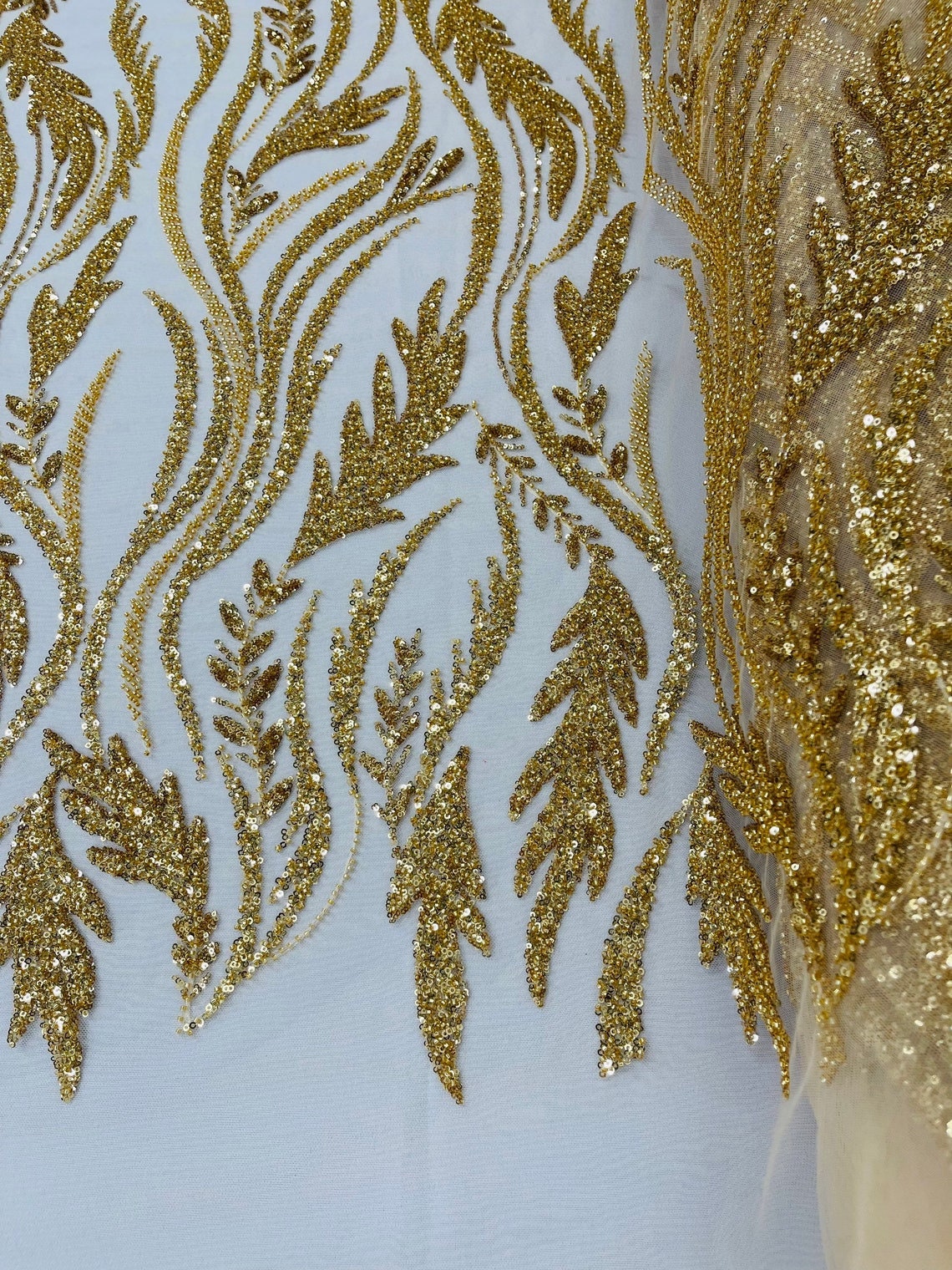 WHEAT BRANCHES  -  Designs Embroider with Sequins and Heavy Beaded on a Mesh Lace Fabric - Sold By The Yard - GOLD