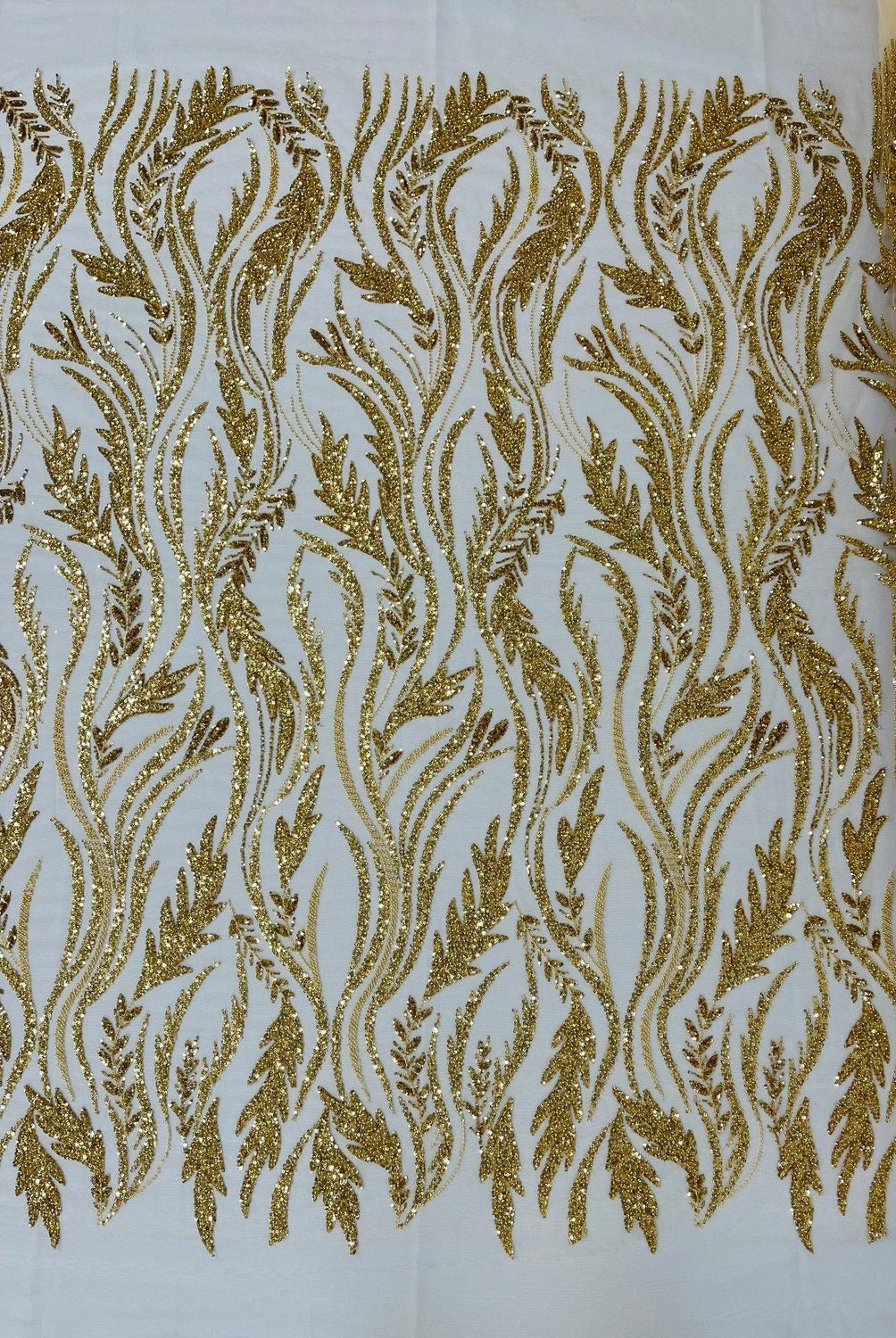 WHEAT BRANCHES  -  Designs Embroider with Sequins and Heavy Beaded on a Mesh Lace Fabric - Sold By The Yard - GOLD