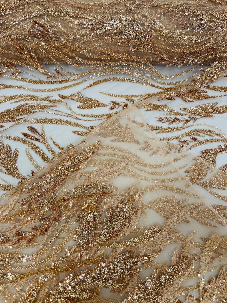 WHEAT BRANCHES  -  Designs Embroider with Sequins and Heavy Beaded on a Mesh Lace Fabric - Sold By The Yard - ROSEGOLD