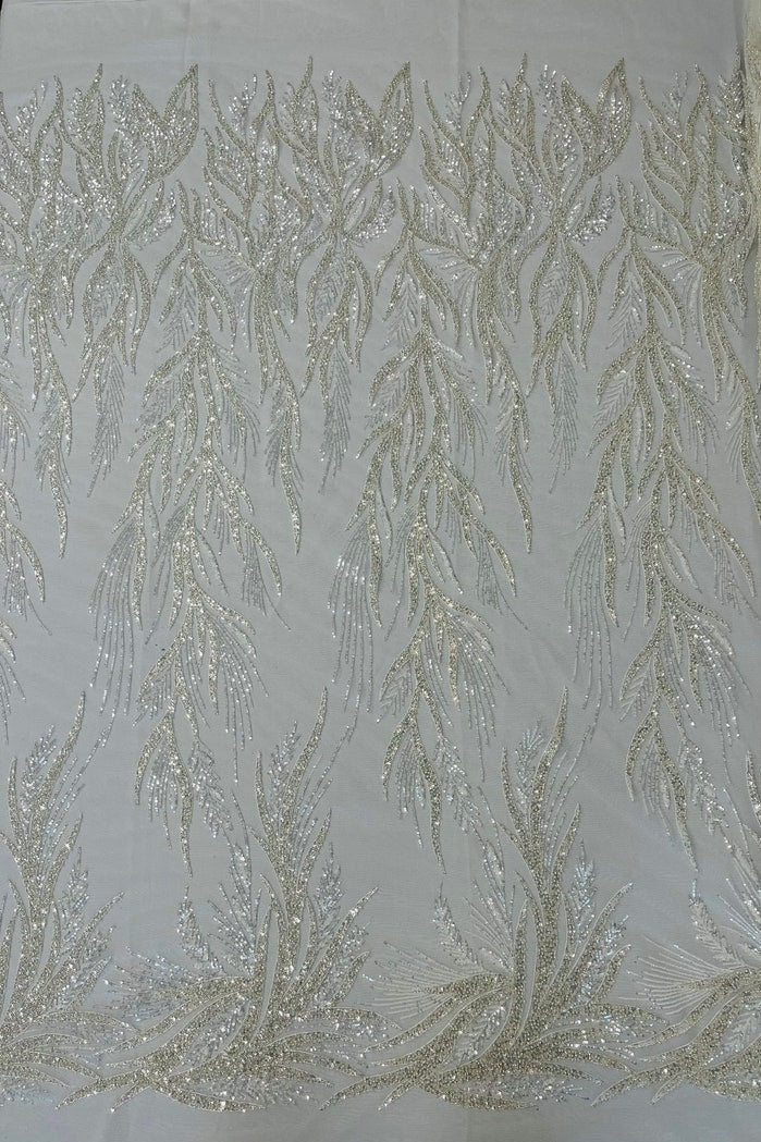 DESIGNER'S CHOICE  -  Designs Embroider with Sequins and Heavy Beaded on a Mesh Lace Fabric - Sold By The Yard - OFFWHITE