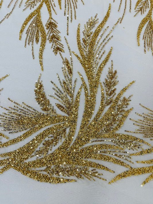 DESIGNER'S CHOICE  -  Designs Embroider with Sequins and Heavy Beaded on a Mesh Lace Fabric - Sold By The Yard - GOLD