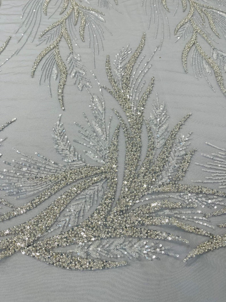 DESIGNER'S CHOICE  -  Designs Embroider with Sequins and Heavy Beaded on a Mesh Lace Fabric - Sold By The Yard - SILVER