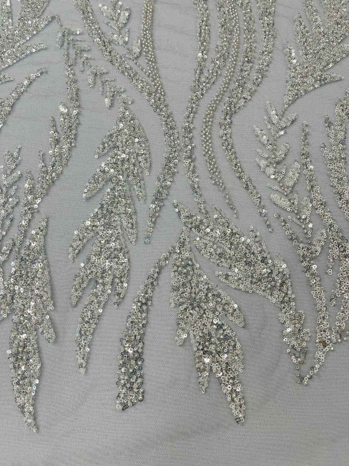 WHEAT BRANCHES  -  Designs Embroider with Sequins and Heavy Beaded on a Mesh Lace Fabric - Sold By The Yard - SILVERCLEAR