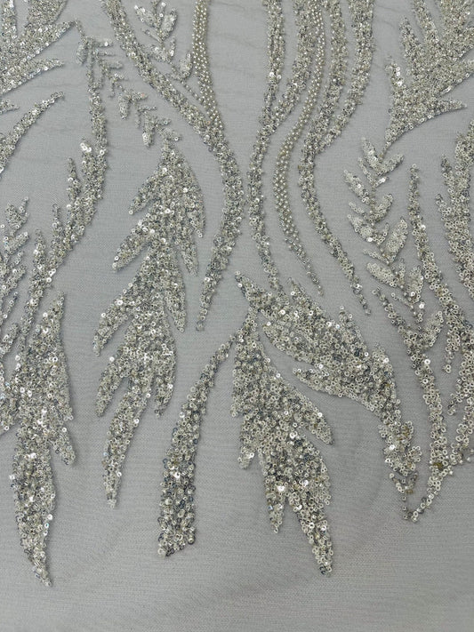 WHEAT BRANCHES  -  Designs Embroider with Sequins and Heavy Beaded on a Mesh Lace Fabric - Sold By The Yard - SILVERCLEAR