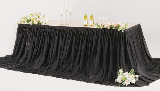 SWEETHEART - BLACK - 14ft Chiffon Table Skirt With Extra Length,Tulle Table Skirt for Backyard Lawn Wedding Dessert Birthday Party Cake