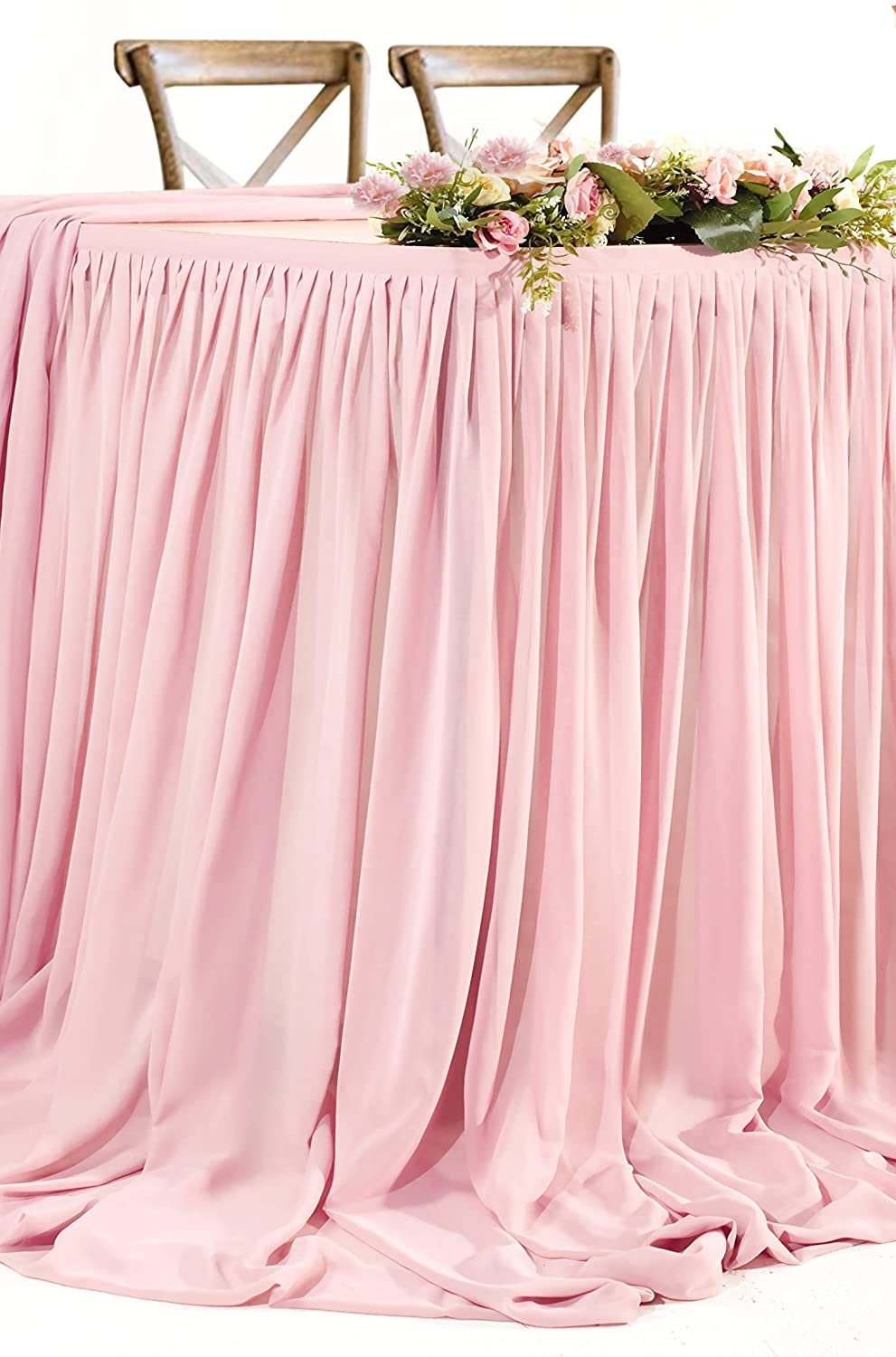 SWEETHEART - BLUSH - 14ft Chiffon Table Skirt With Extra Length,Tulle Table Skirt for Backyard Lawn Wedding Dessert Birthday Party Cake