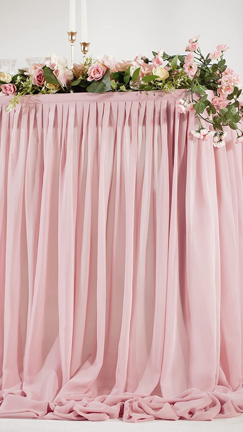 SWEETHEART - BLUSH - 14ft Chiffon Table Skirt With Extra Length,Tulle Table Skirt for Backyard Lawn Wedding Dessert Birthday Party Cake