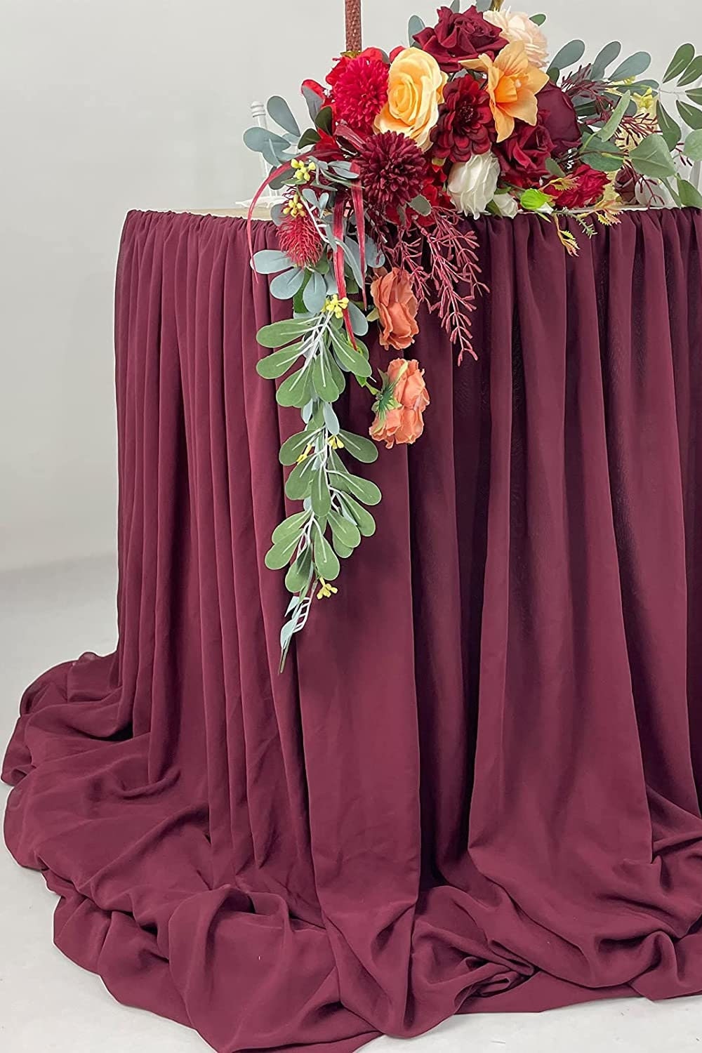 SWEETHEART - BURGUNDY - 14ft Chiffon Table Skirt With Extra Length,Tulle Table Skirt for Backyard Lawn Wedding Dessert Birthday Party Cake