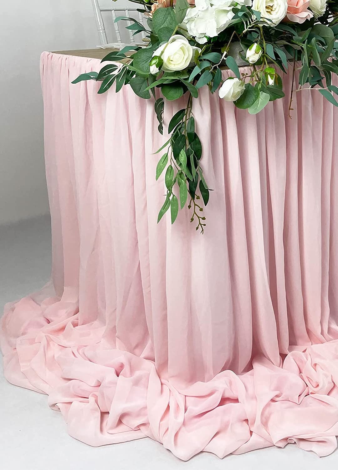 SWEETHEART - BLUSH - 14ft Chiffon Table Skirt With Extra Length,Tulle Table Skirt for Backyard Lawn Wedding Dessert Birthday Party Cake