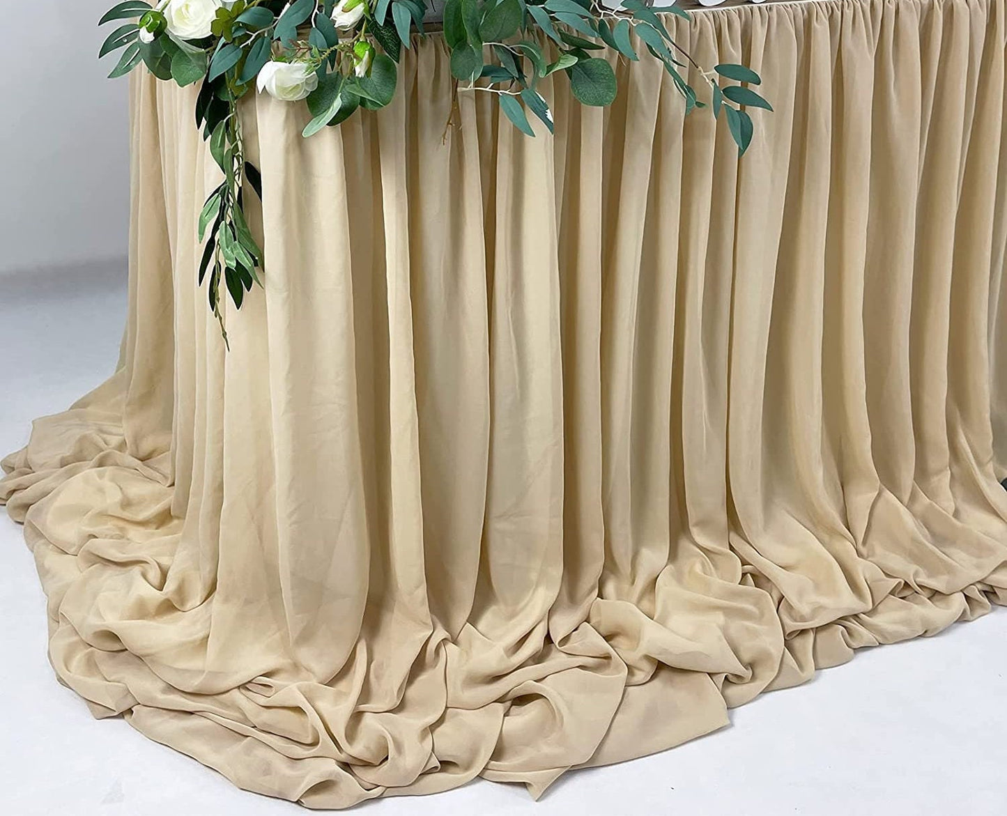 SWEETHEART - BEIGE - 14ft Chiffon Table Skirt With Extra Length,Tulle Table Skirt for Backyard Lawn Wedding Dessert Birthday Party Cake