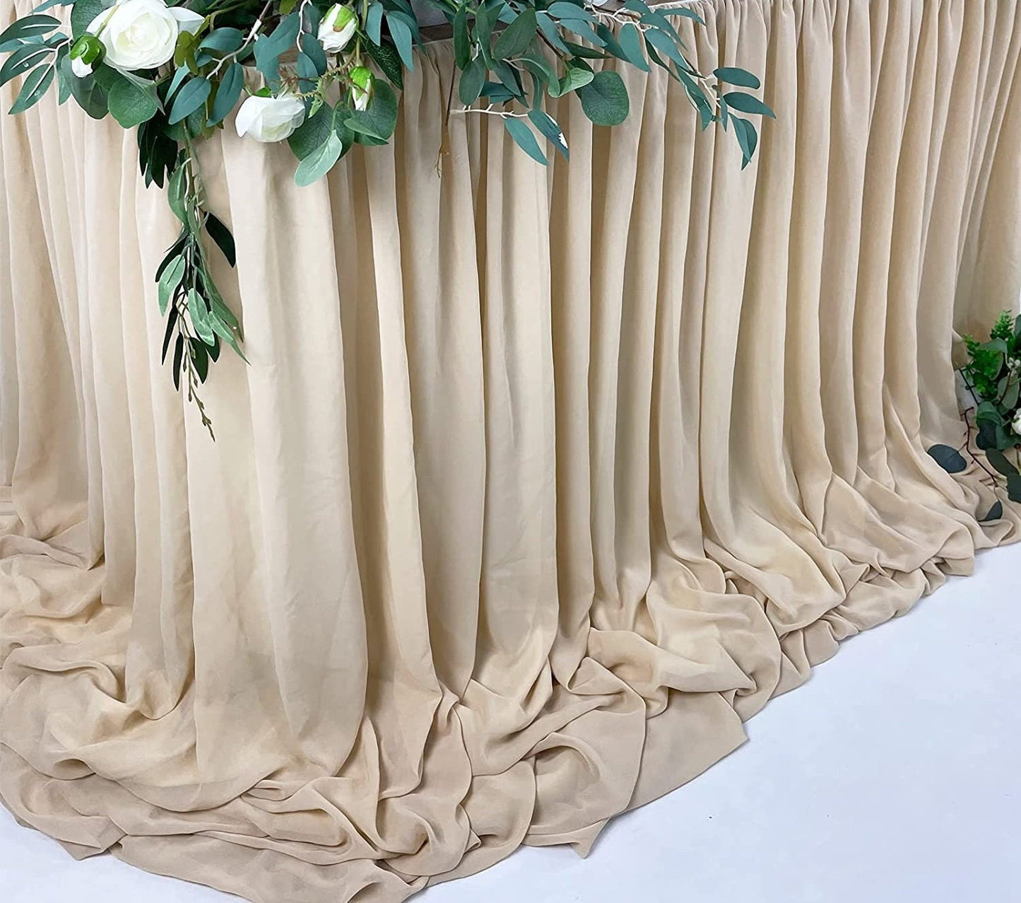 SWEETHEART - BEIGE - 14ft Chiffon Table Skirt With Extra Length,Tulle Table Skirt for Backyard Lawn Wedding Dessert Birthday Party Cake