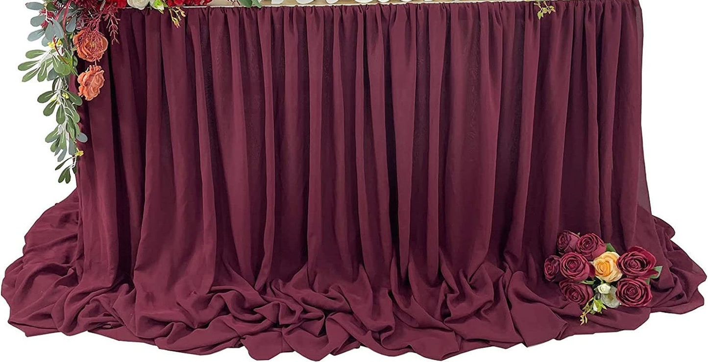 SWEETHEART - BURGUNDY - 14ft Chiffon Table Skirt With Extra Length,Tulle Table Skirt for Backyard Lawn Wedding Dessert Birthday Party Cake