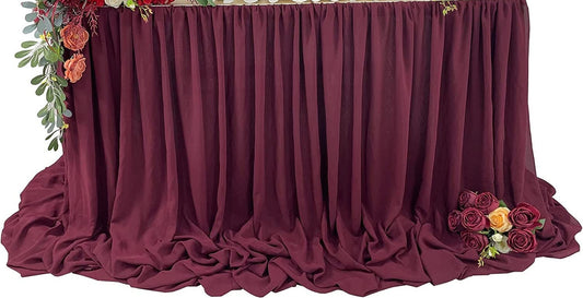 SWEETHEART - BURGUNDY - 14ft Chiffon Table Skirt With Extra Length,Tulle Table Skirt for Backyard Lawn Wedding Dessert Birthday Party Cake