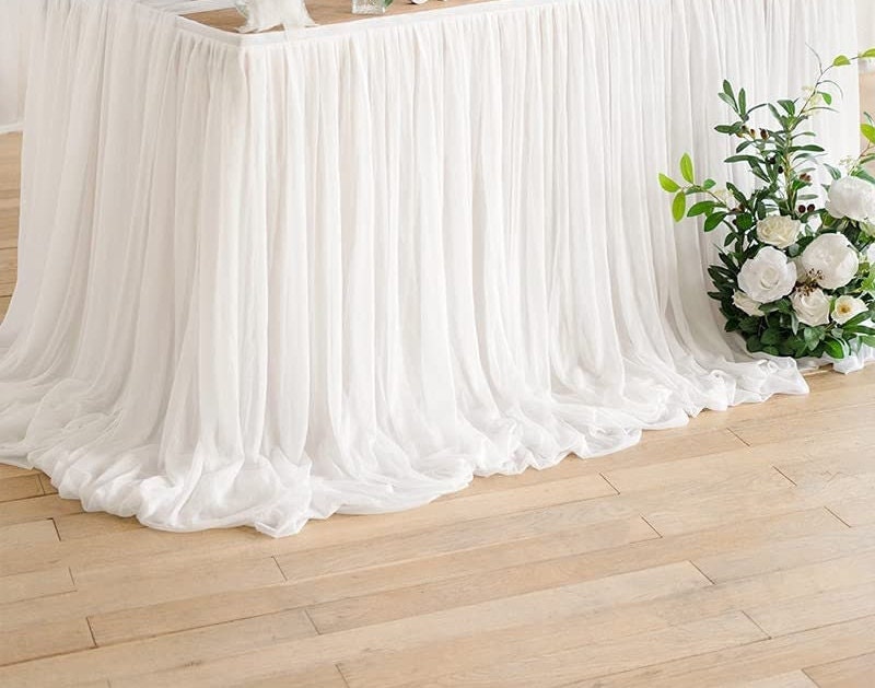 SWEETHEART - OFFWHITE - 14ft Chiffon Table Skirt With Extra Length,Tulle Table Skirt for Backyard Lawn Wedding Dessert Birthday Party Cake