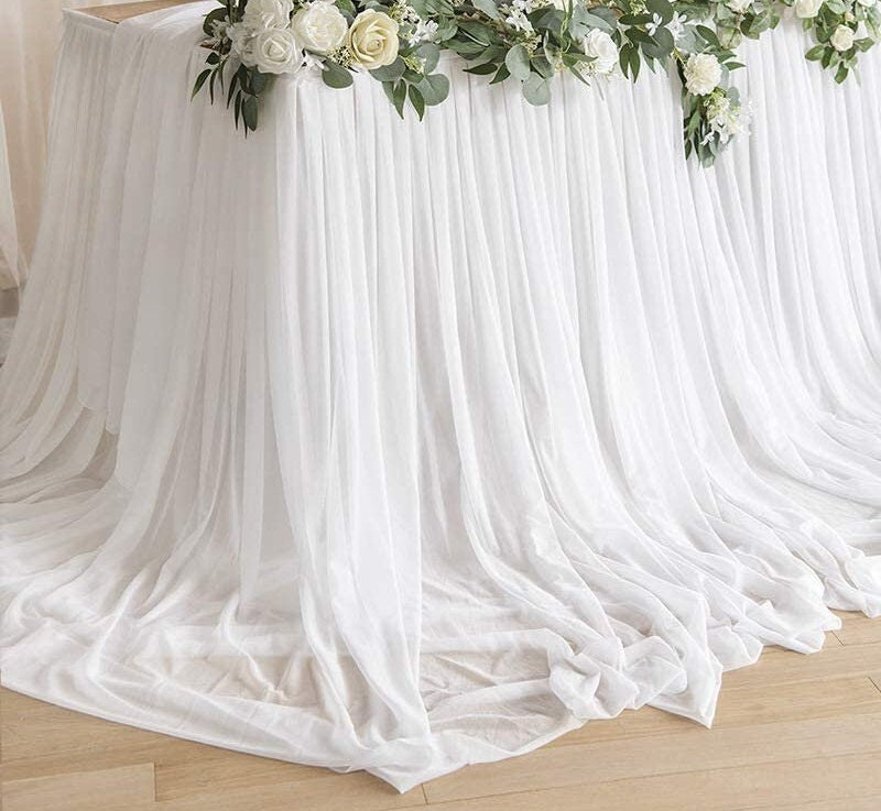 SWEETHEART - WHITE - 14ft Chiffon Table Skirt With Extra Length,Tulle Table Skirt for Backyard Lawn Wedding Dessert Birthday Party Cake