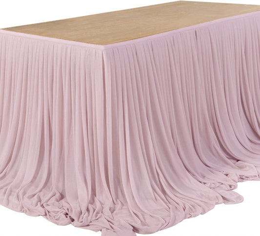 SWEETHEART - DUSTYROSE  - 14ft Chiffon Table Skirt With Extra Length,Tulle Table Skirt for Backyard Lawn Wedding Dessert Birthday Party Cake