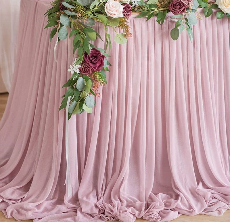 SWEETHEART - DUSTYROSE  - 14ft Chiffon Table Skirt With Extra Length,Tulle Table Skirt for Backyard Lawn Wedding Dessert Birthday Party Cake