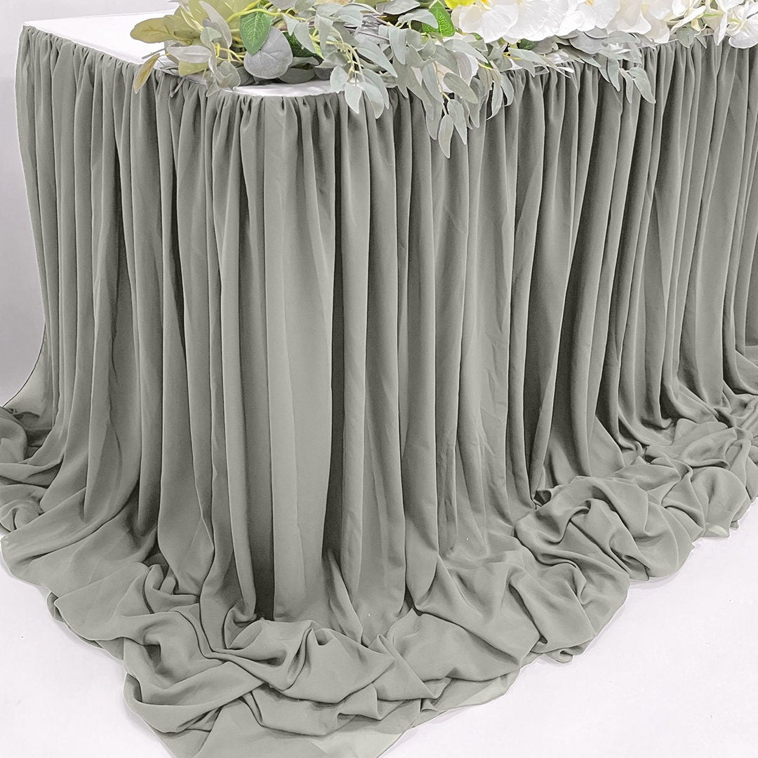 SWEETHEART - GRAY - 14ft Chiffon Table Skirt With Extra Length,Tulle Table Skirt for Backyard Lawn Wedding Dessert Birthday Party Cake