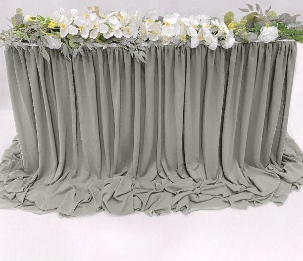 SWEETHEART - GRAY - 14ft Chiffon Table Skirt With Extra Length,Tulle Table Skirt for Backyard Lawn Wedding Dessert Birthday Party Cake