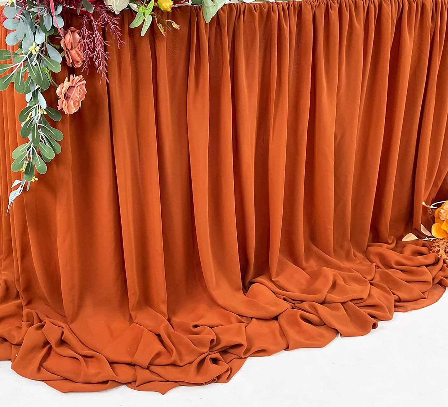 SWEETHEART - RUST - 14ft Chiffon Table Skirt With Extra Length,Tulle Table Skirt for Backyard Lawn Wedding Dessert Birthday Party Cake