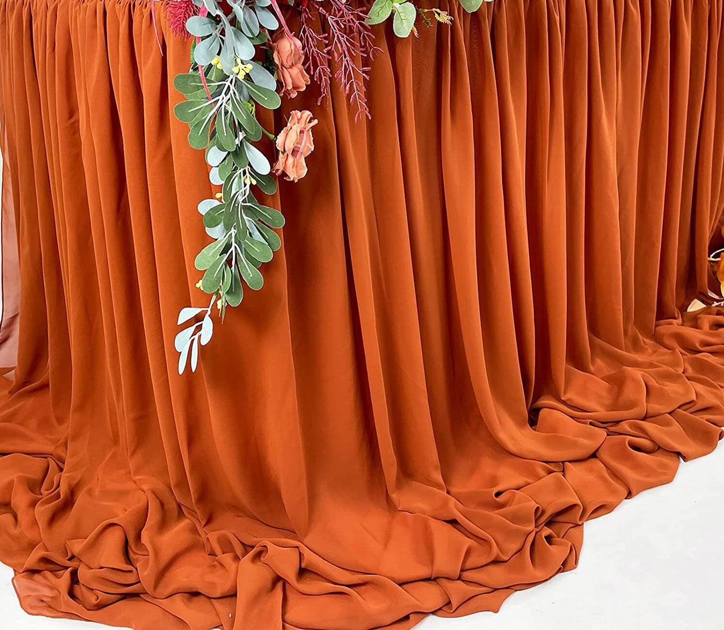 SWEETHEART - RUST - 14ft Chiffon Table Skirt With Extra Length,Tulle Table Skirt for Backyard Lawn Wedding Dessert Birthday Party Cake