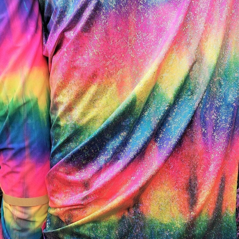 Tie Dye RAIN Hologram - Print On Nylon Spandex Fabric Sold By Yard - RAINBOW - Ideal For Costumes, Dresses, Leggings,Swimsuit