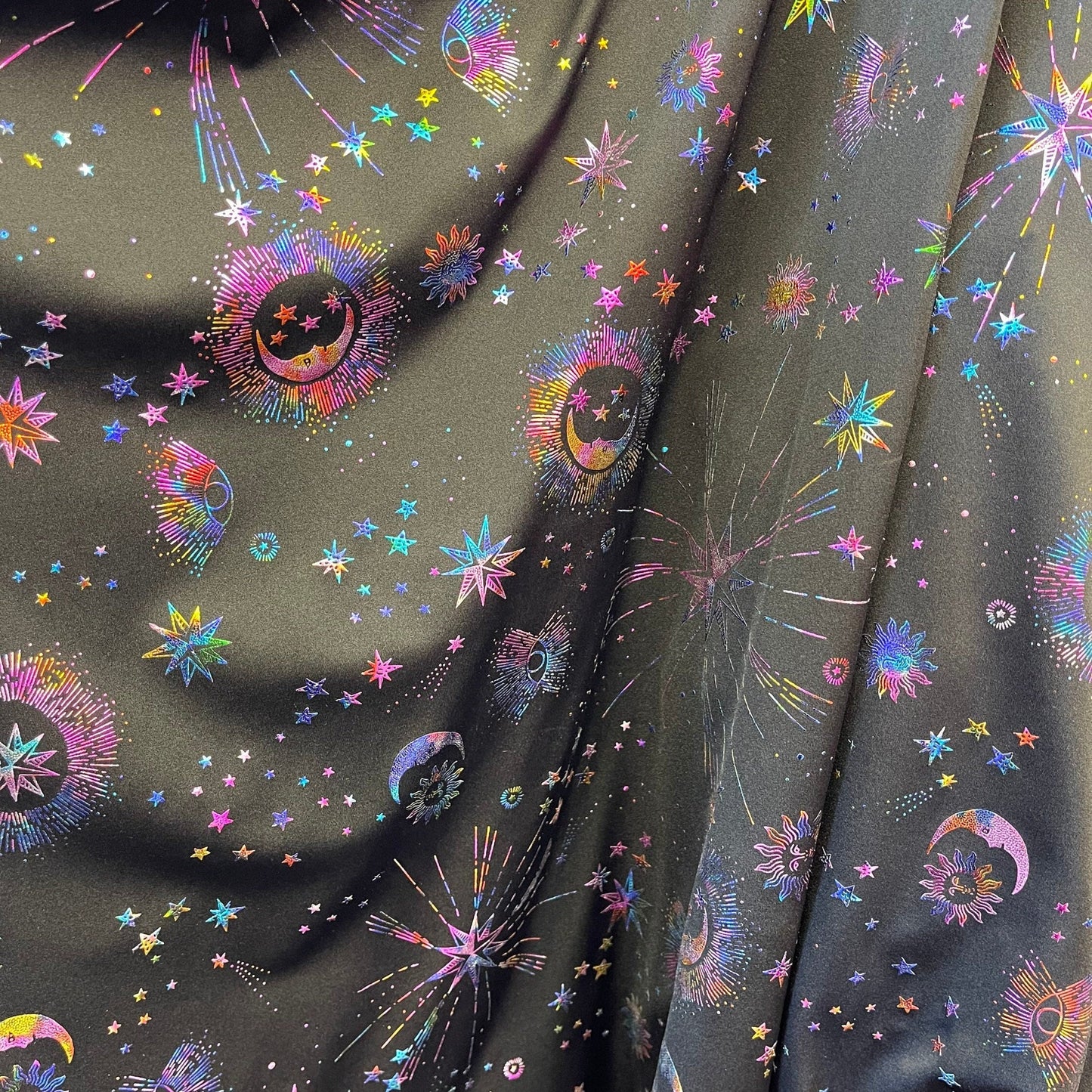 HEAVENLY ICONS -  Print Stretch Spandex-Sold By The Yard - BLACKRAINBOW- Ideal For Costumes, Dresses, Leggings, Swimsuit and Mucho More