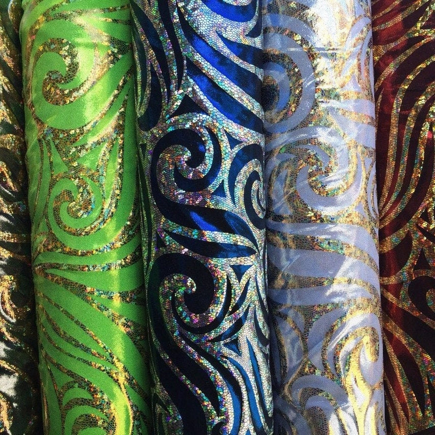 SWIRLS -  Metallic Hologram Swirls Foggy Foil Mystic Nylon Spandex - BY YARD - Ideal For Costumes, Dresses, Leggings, Swimsuit and Much More